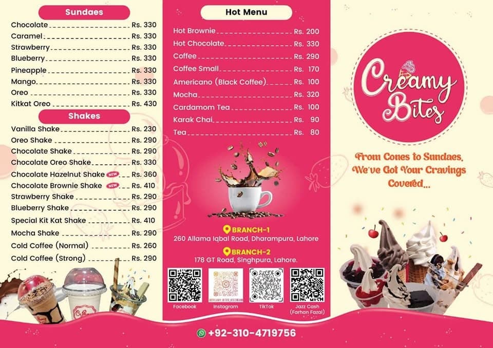 CreamyBites printed menu, page 2